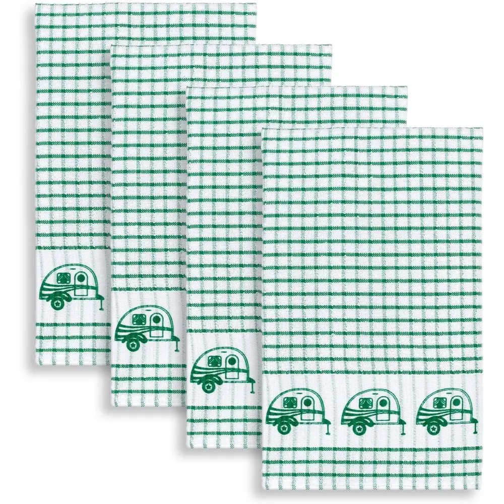 Toallas de cocina retro Camper Windowpane Check de algodón Terrycloth, juego de 4 (verde)
