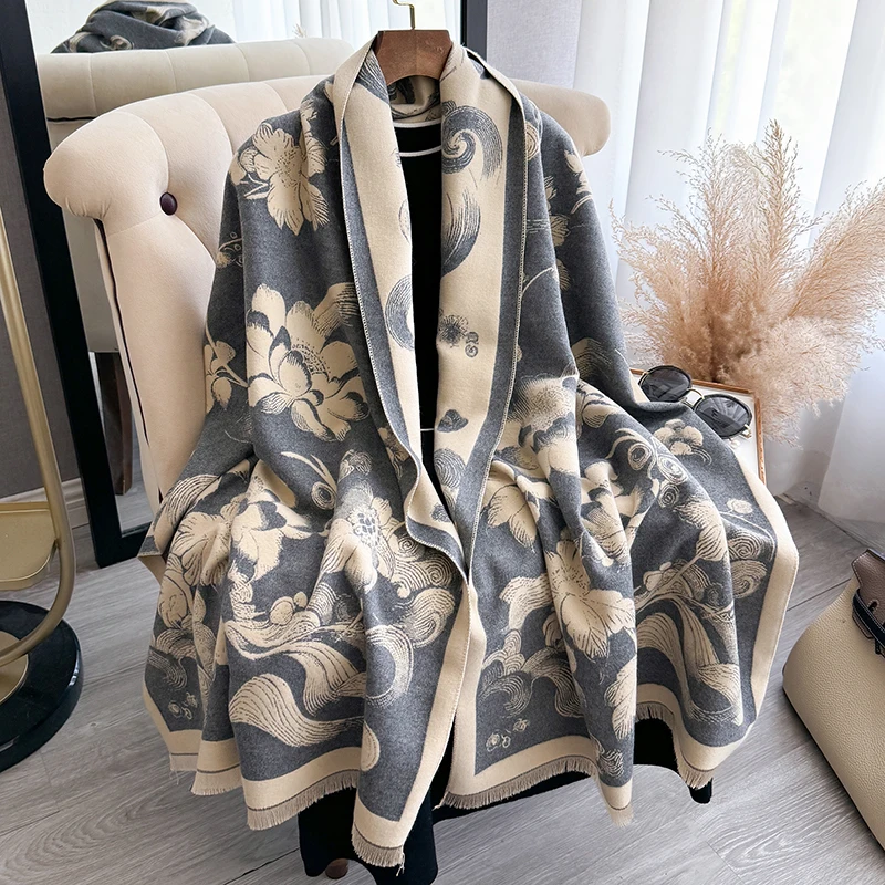 2024 Woman Cashmere  Lotus pattern Flowers Soft Scarf Winter Thickened Warm Pashmina Blanket Shawl And Warp Bufanda Scarfs