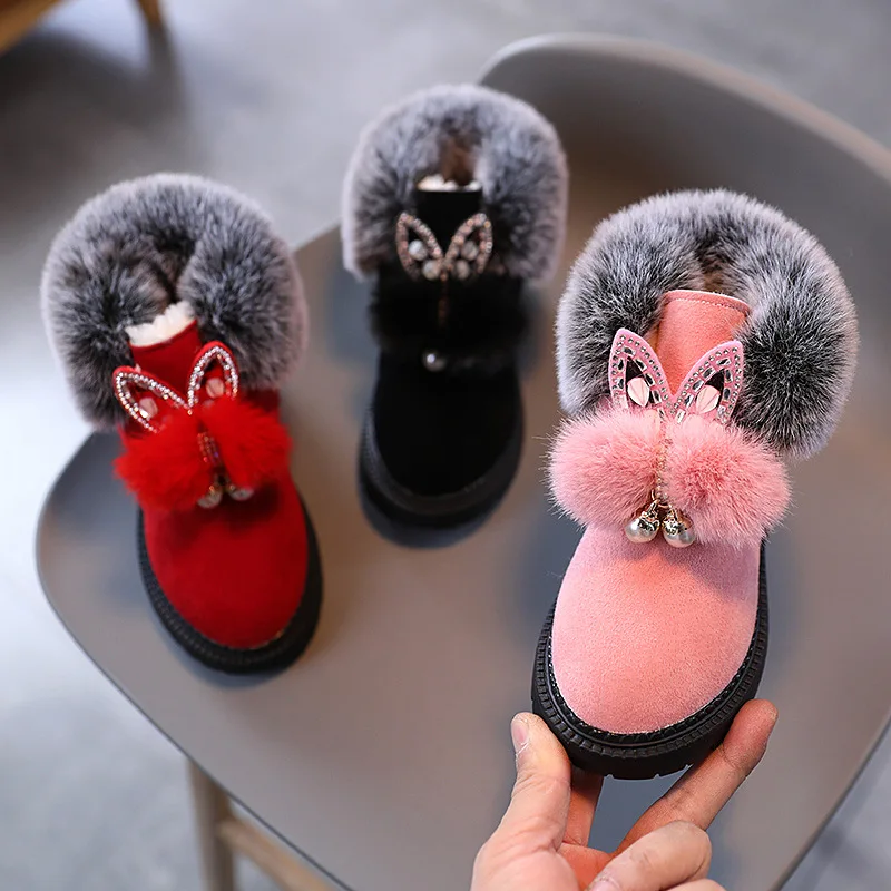 

Children Winter Fashion Snow Boots Girls Fleece Rabbit Ears Rhinestone Anti-slip Short Boots Girls Furball Thickened Suede Boots