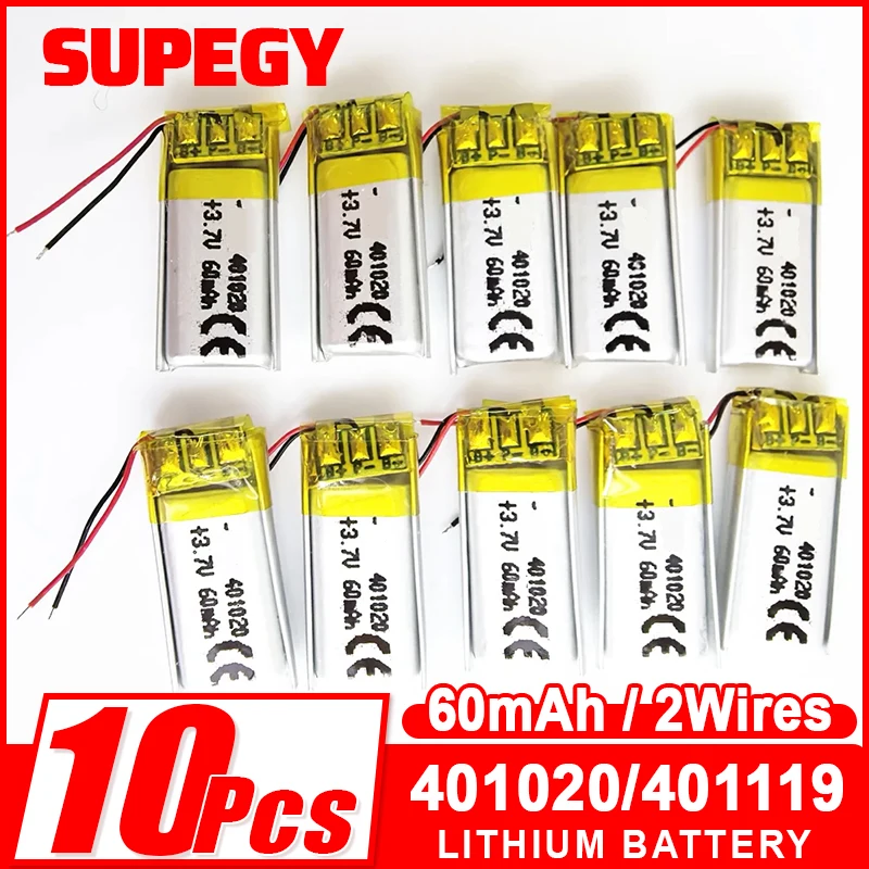 Lot 10 pcs 3.7V 60mAh Lipo Rechargeable Battery For MP3 Bluetooth Recorder Headset Headphon Video Pen Led Light 401020 401119