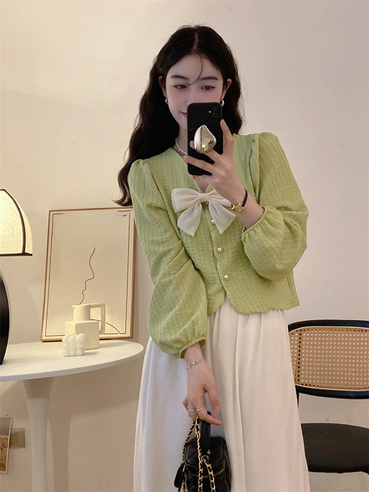 Woherb Summer Solid Bow Sweet Blouses Women Button Chic  Female Korean Fashion Lantern Sleeve Loose Elegant  2024