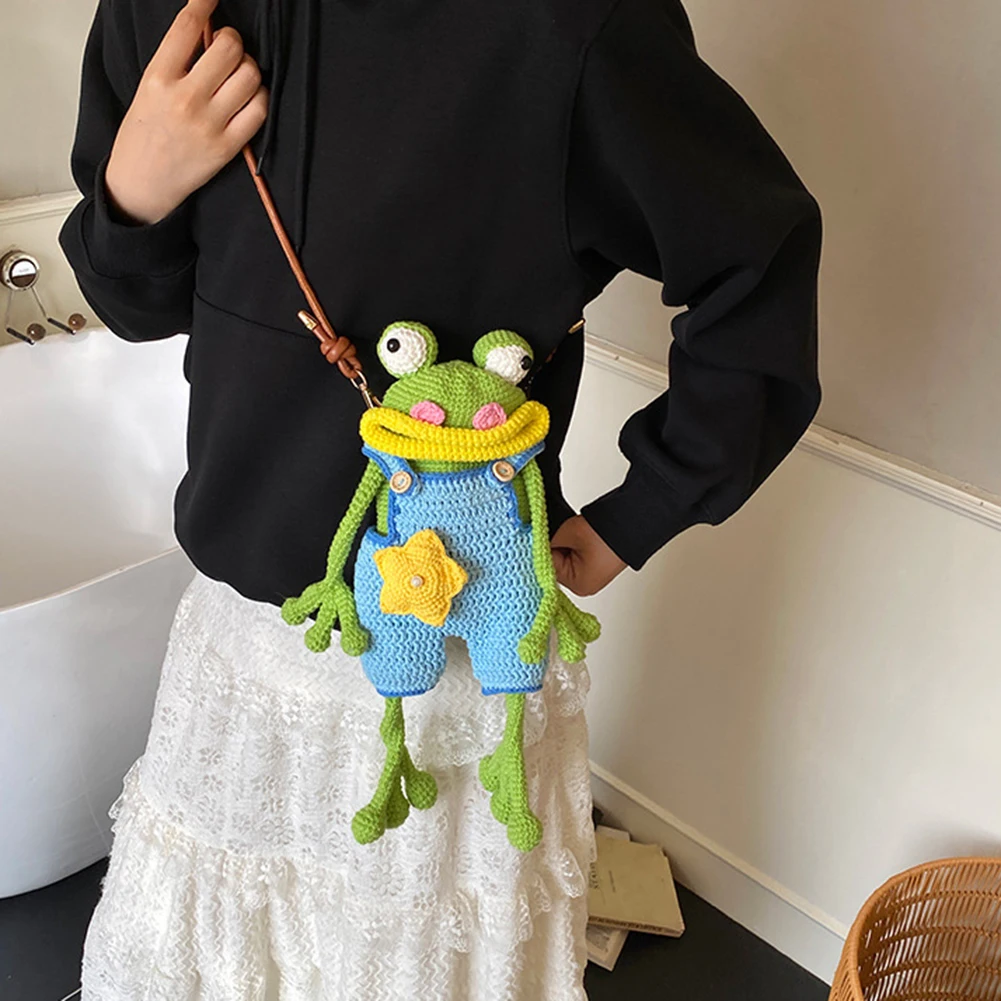 (Finished Product)Cute Big Mouth Frog Coin Bag Hand Woven Small Crossbody Bag DIY Wool Woven Big Mouth Frog Mobile Phone Bag view 2