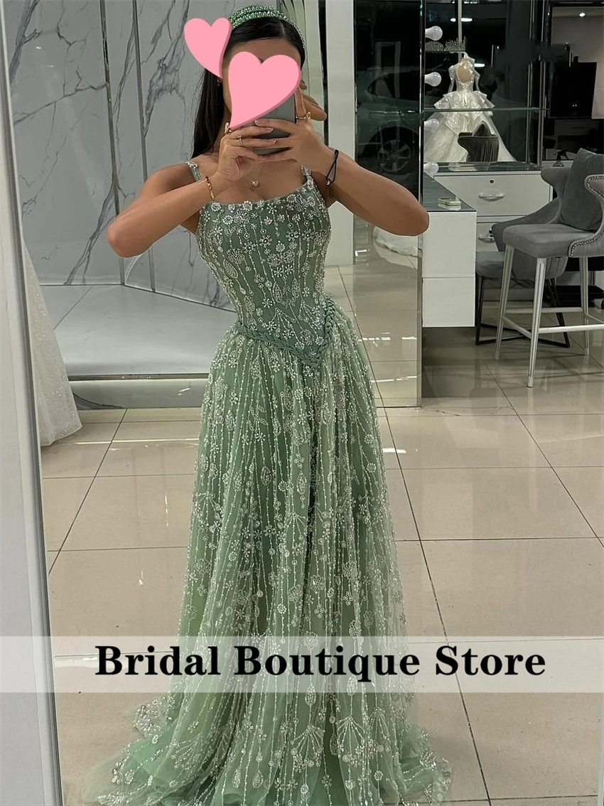 Elegant Sage Green Luxury Arabic Evening Dress for Women Wedding Party Spaghetti Straps 2025 Formal Prom Gown Customized image 3