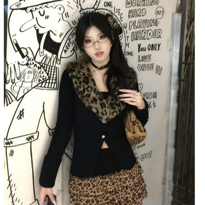 

Y2K черный вязаный кардиган женский Harajuku леопардовый лоскутный свитер верхняя одежда зимний трикотаж Gyaru дизайн джемперы с длинными рукавами