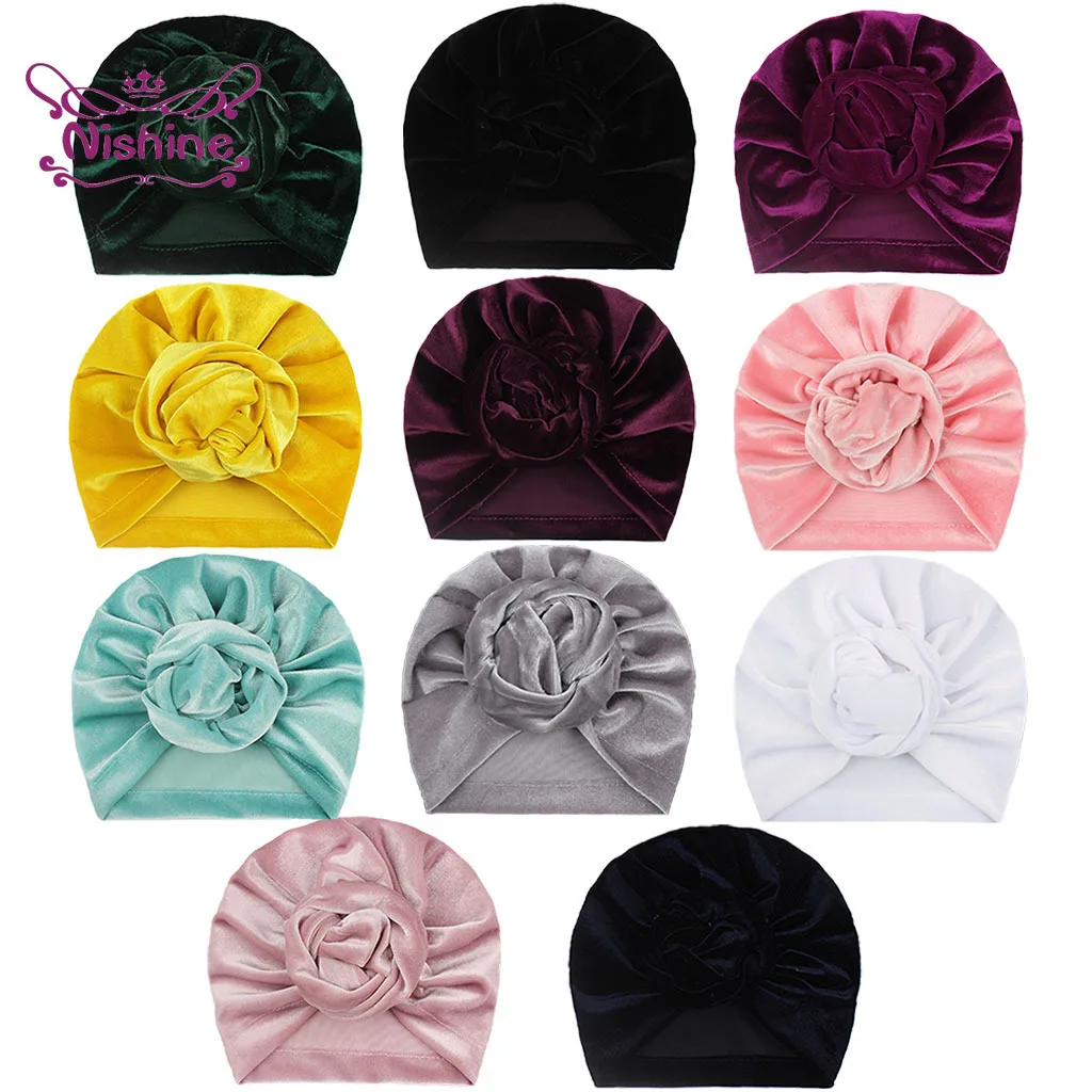 1PCS Knot Rose Flower Hedging Hat Newborn Infant Toddler Caps Turban Baby Girls Beanie Velvet Hats Hair Accessories