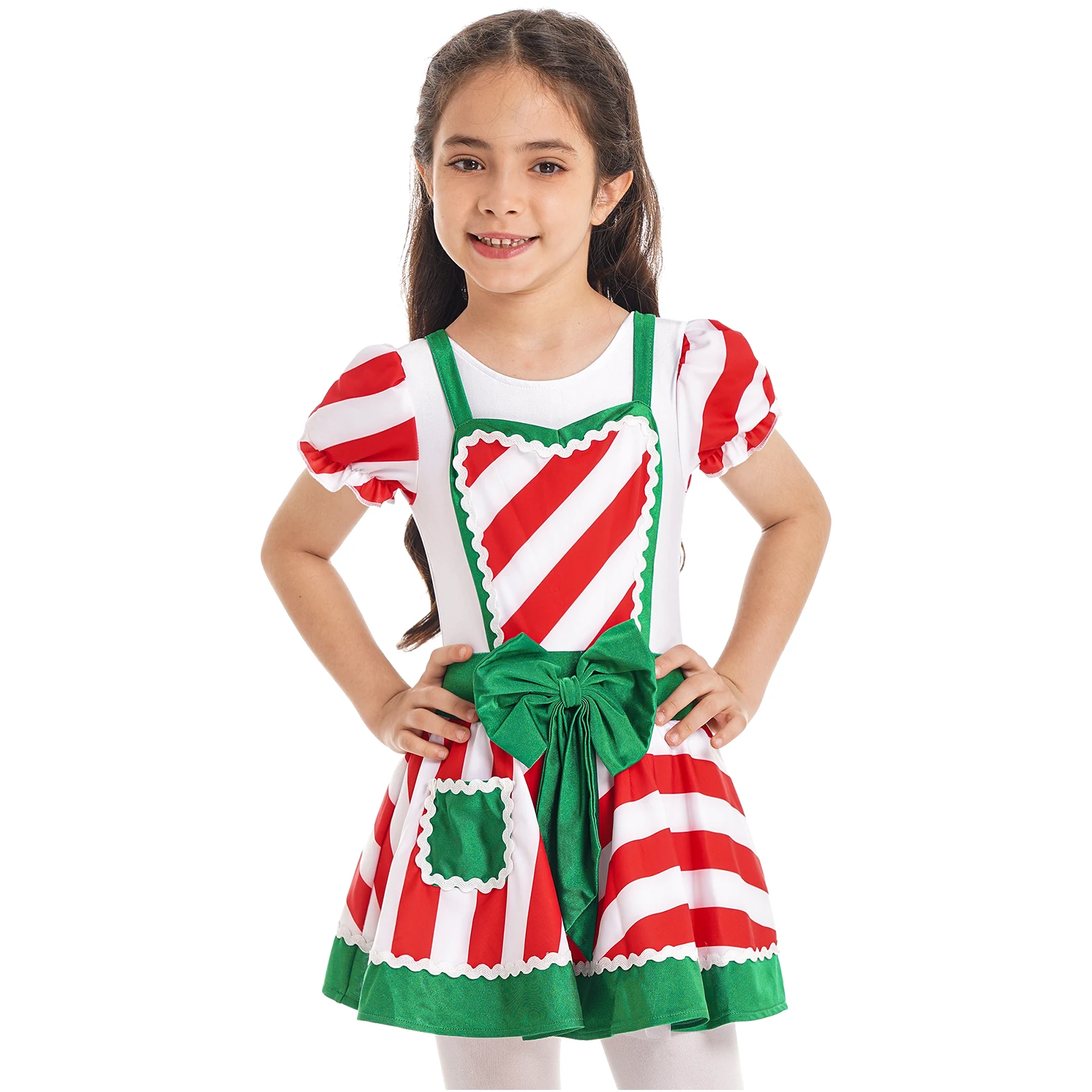 Kids Girls Christmas Costume Ruffle Cuffs Candy Cane Striped Crisscross Back Straps Bowknot Front Ballet Tutu Mesh Dance Dress