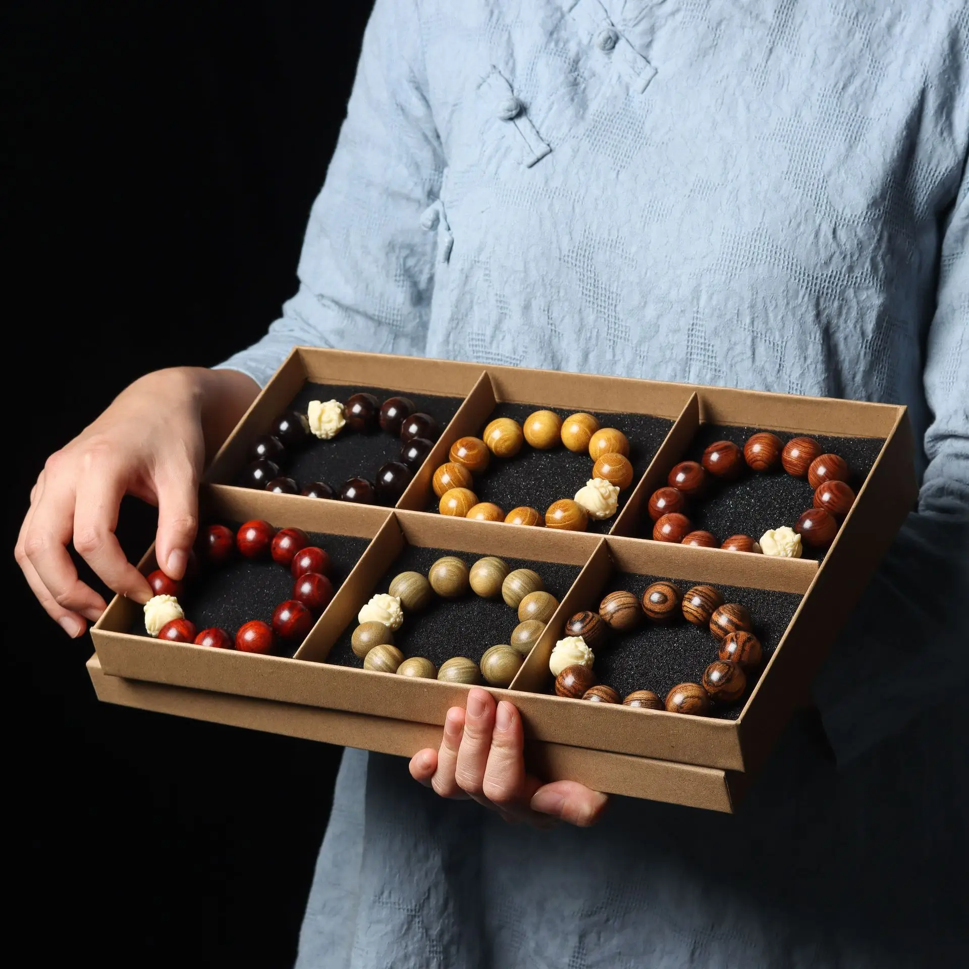Six Types Sandalwood Custom Set Ebony Huanghuali Rosewood Golden Sandalwood Tiger Grain Green Sandalwood Prayer Beads Bracelet