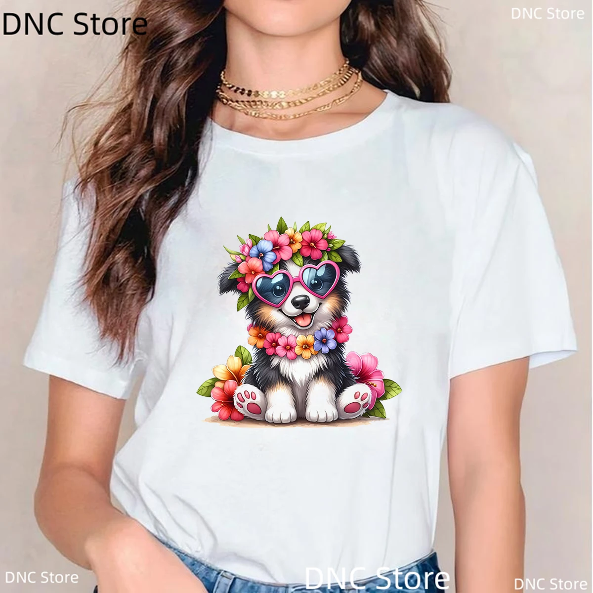 Hawaiian Dog Printed Women'S T-Shirt Dog Lover Graphic Femme Tshirt Summer Casual Women'S Clothes White Short Sleeved Shirt Top