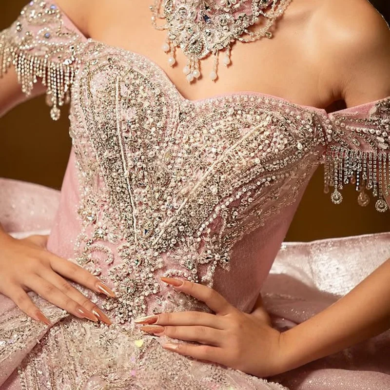 

Shiny Pink Quinceanera Dress Crystal Glitter Decal off-shoulder Long tail Big Bow Vestidos De 15 Quinceanera ﻿Customize