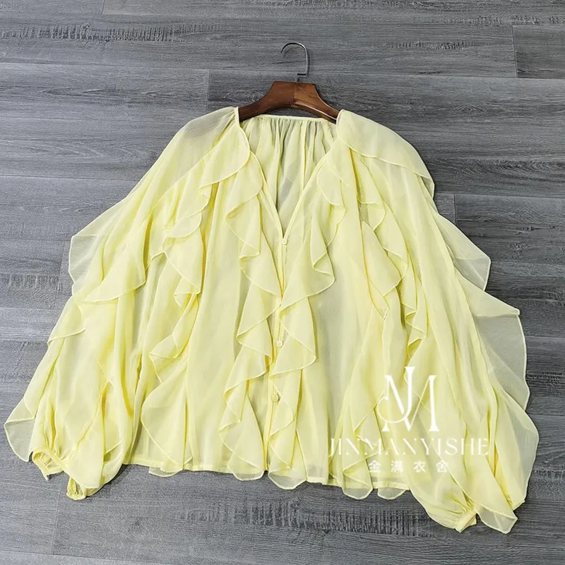 

Sheer Flowy Chiffon Blouse French Romantic Style with Layered Ruffles Design