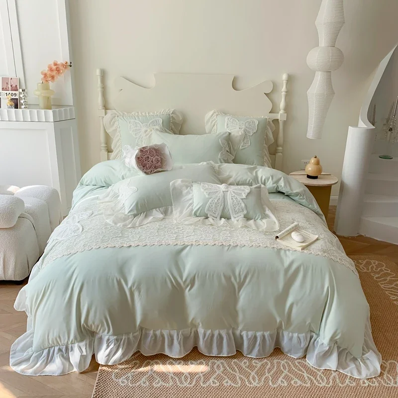 3/4Pcs Korean Princess-Style Bow Lace Ruffle Green Bedding Set 2-Person Boiled Cotton Bed Linen Duvet Cover Pillowcase Included