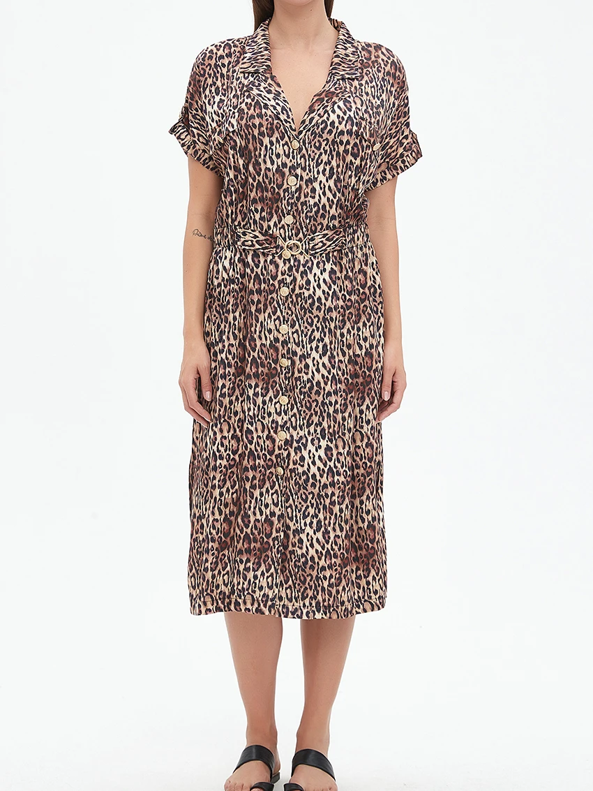 

Parc Fee Summer Loose Leopard Print Women's Dress 2025 Fashion Lapel Short Sleeve Midi Dresses Elegant Classic Belt Female Dress
