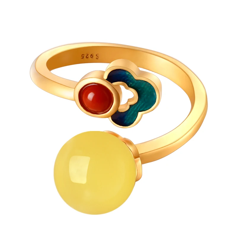 

Natural beeswax amber sterling silver gold inlaid jade transfer bead ring female Chinese style enamel light luxury