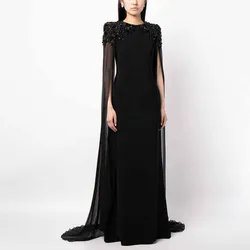 Mermaid Evening Dress Black Chiffon Clock Sleeve Crystal Luxury Wedding Party Dress Long O Neck Elegant Mother of the Bride Gown