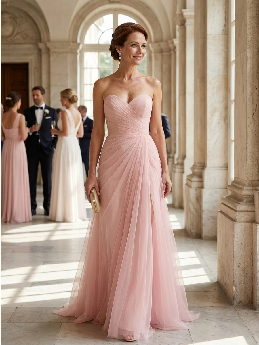 Sweetheart Strapless Tulle Bridesmaid Dress Ruched Wrap Side Slit Floor Length Lace Up Formal Wedding Guest EveningProm MaxiGown image 2