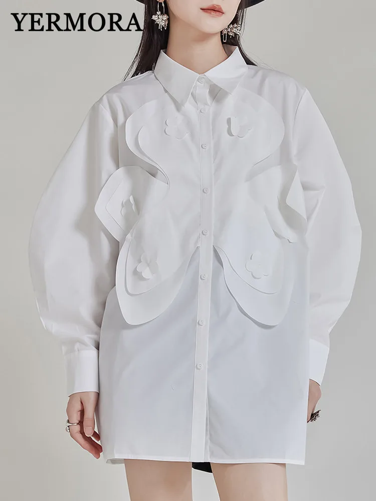 

YERMORA White Big Bow Button Casual Blouse For Women Lapel Long Sleeve Loose New Shirt Fahsion Tide Spring Summer 2025 A1094