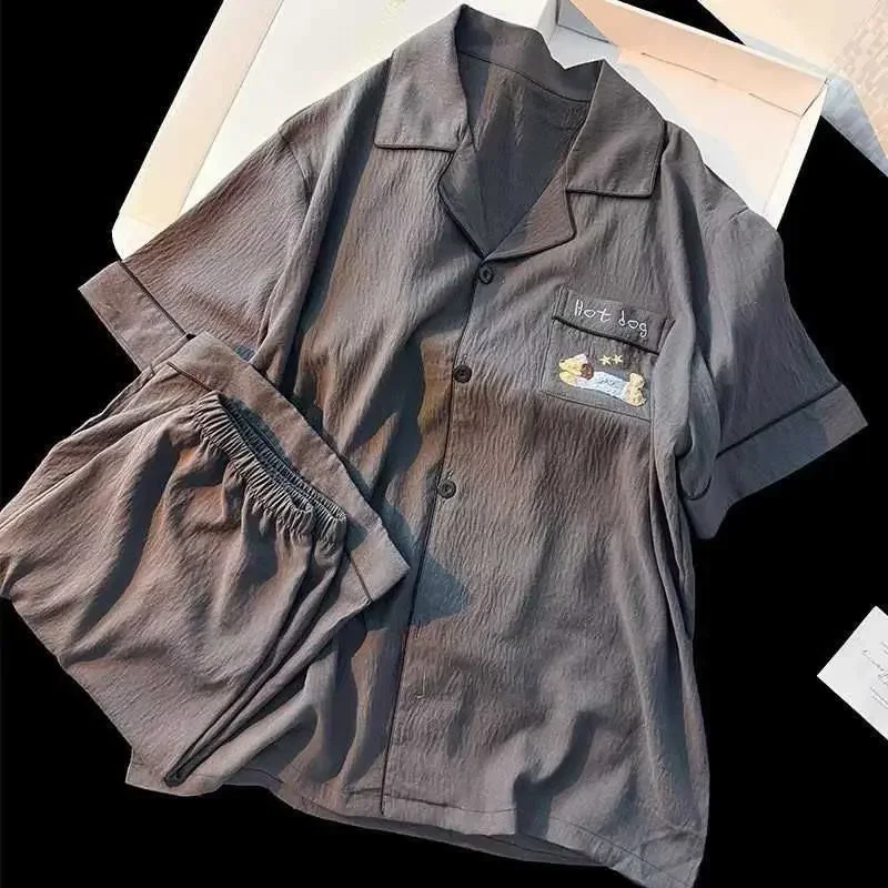 Embroidery Dog Letter Vintage Men's Pyjama 2 Piece Suit Plus Size Casual Soft Men's Pajamas Set Summer New Vintage Sleepwear