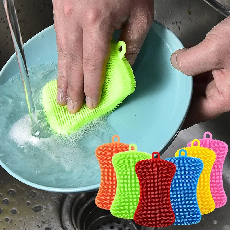 3PCS Silicone Dish Washing Brush Pot Pan Sponge Scrubber Silicone Scouring Pad Fruit Pot Pan Wash Brushes Kitchen Cleaning Tool