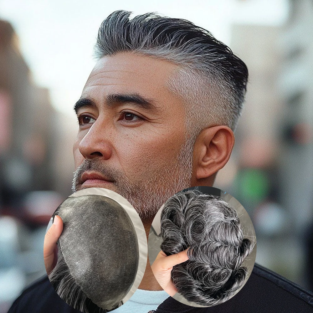

30mm Wave Cheapest Grey 1b65 1b20 Man Toupee Dark Brown Black Men Human Hair Wig Thin Skin 0.1mm PU Human Hair Capillary Prosthe