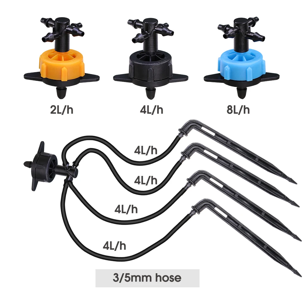 Garden Black 4-way 2/4/8L/H Micro Drip Irrigation Emitter Watering Systems Kit 3/5mm Arrow Dripper for Potted Greenhouse