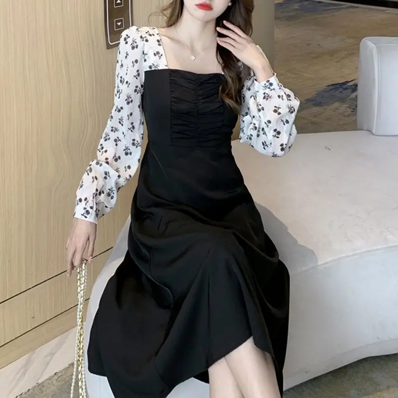 Chiffon Empire Patchwork Floral Dresses Sequare Collar Mid-calf Office Lady Folds Spring Summer Women's Clothing Gentle Style