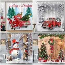 Christmas Shower Curtains Farm Red Truck Santa Claus Snowman Xmas Trees Winter Forest New Year Wall Hanging Home Bathroom Decor