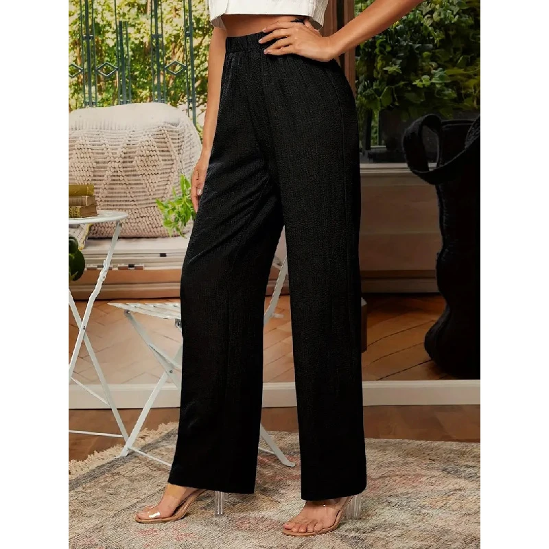 Pantaloni lunghi a gamba larga casual da donna in cotone e lino tinta unita con elastico in vita, collezione Primavera Estate 2026