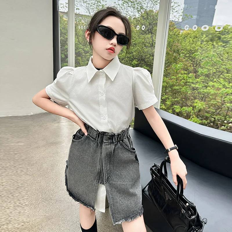 Fashion White Shirt Dress Denim skirt Two piece set Teenager Girls Children Streetwear Summer Kids Personalized Shirt Skirt Suit