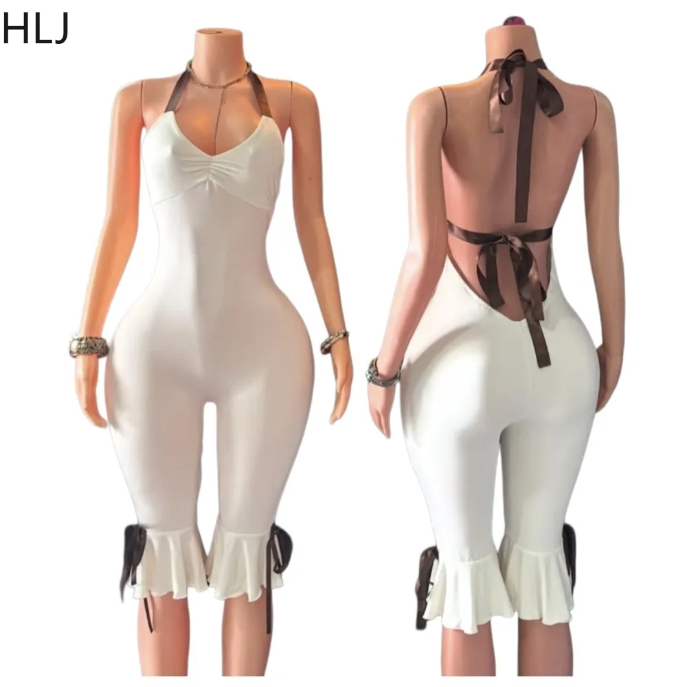 

HLJ Summer 2026 New Women Fashion Jumpsuit Halter Sleeveless Solid Color Lace-up Patchwork Sexy Slimming Jumpsuit Women Romper