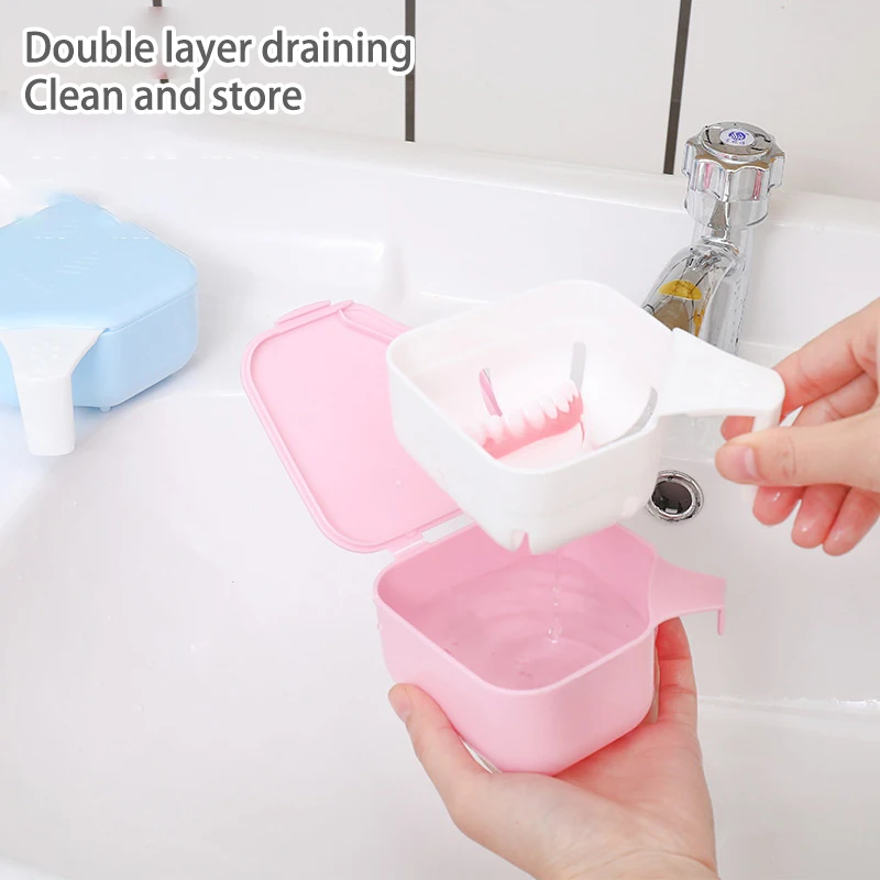 Denture Bath Box Organizer Dental False Teeth Storage Box With Hanging Net Container Cleaning Teeth Cases Artificial Tooth Boxes