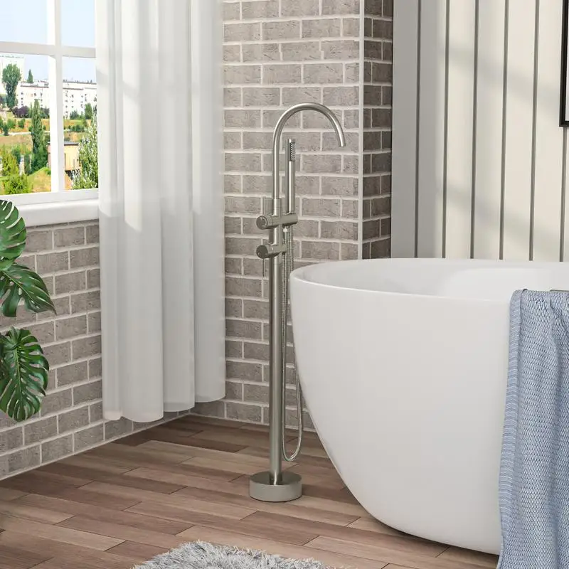 

Отдельно стоящий смеситель для ванны, напольный наполнитель для ванны, матовый никель, поворотный излив на гибкой стойке с ручной насадкой для душа