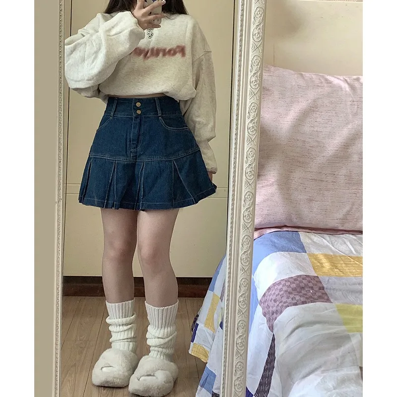 

Spicy Girl Pleated Denim Skirt Women Summer plus Size Conceal Belly High Waist Slimming Retro A-Line ort Skirts
