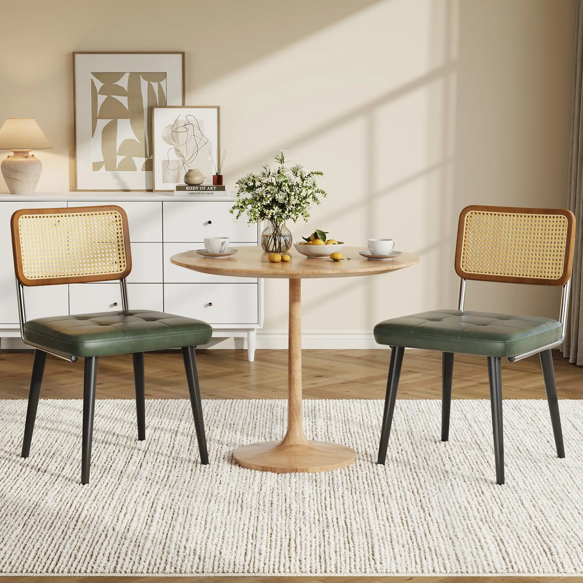 Modern Farmhouse Rattan Dining Chairs Set of 2 – Upholstered PU Leather Seat – Armless Wooden Frame – Sturdy & Stylish Kitchen or Restaurant Furniture