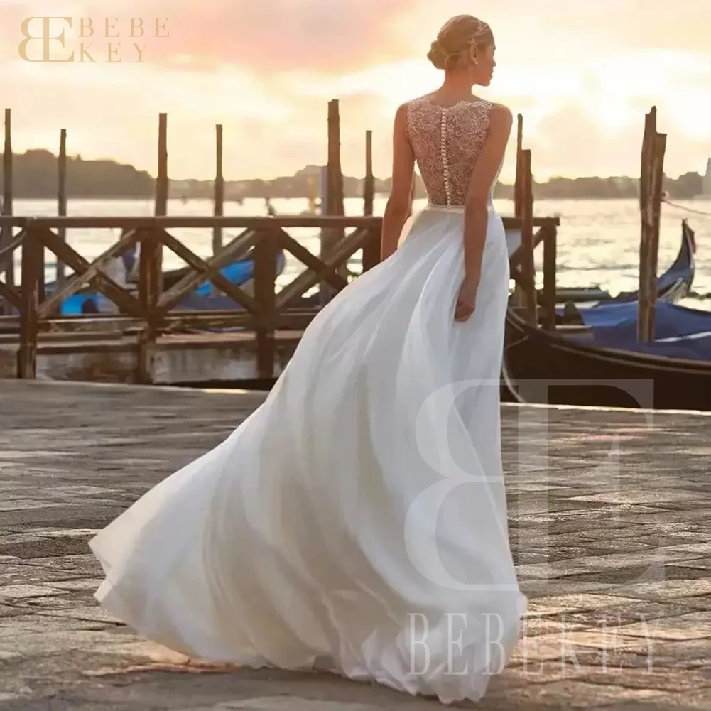 BEBEKEY Boho Chiffon Wedding Dress A-Line Bridal Gown Customizable Formal Party Dress for Women Robe