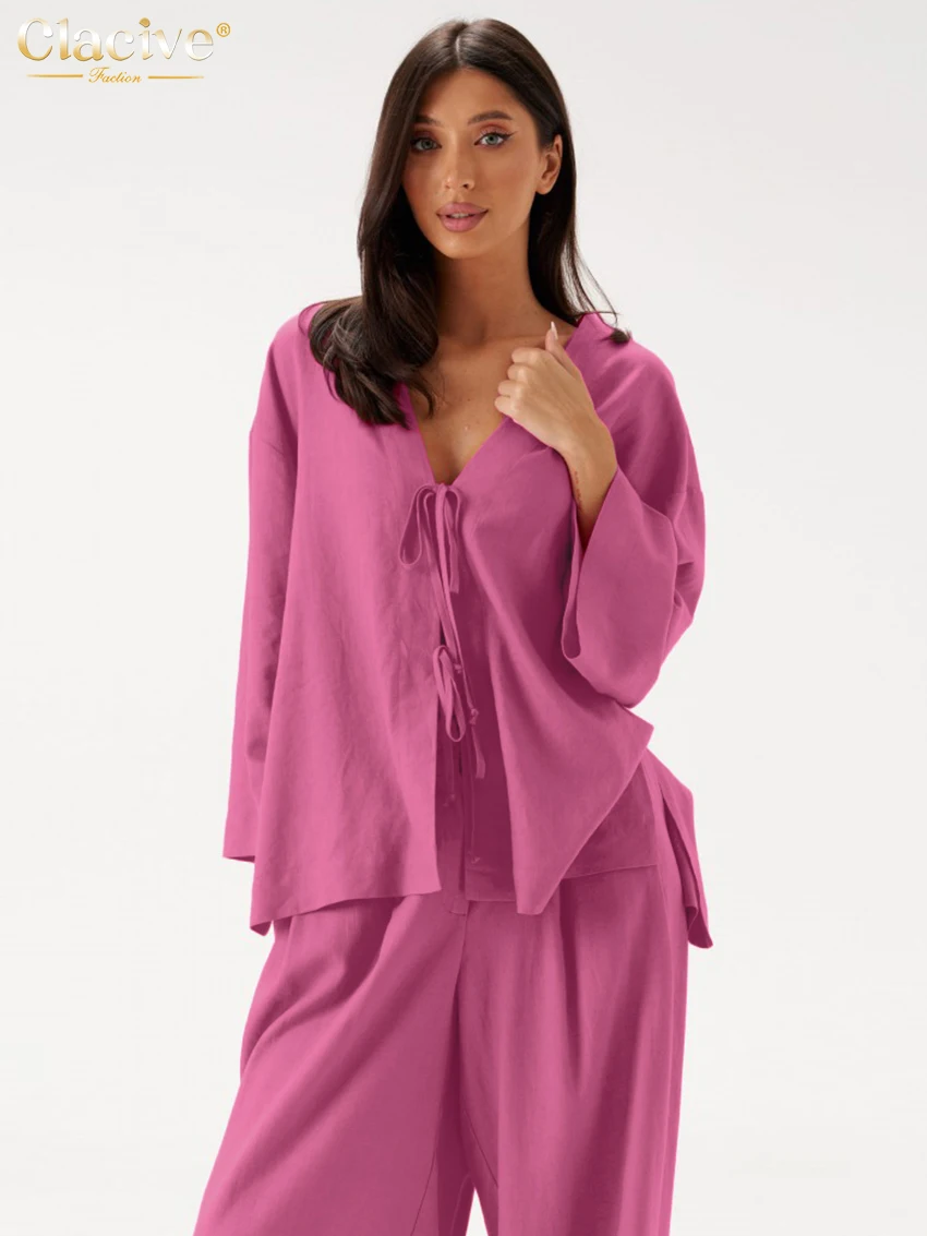 

Clacive Casual Loose Pink Cotton 2 Pieces Set For Woman 2025 Elegant Long Sleeve Shirt With High Waist Wide Leg Pants Set Female