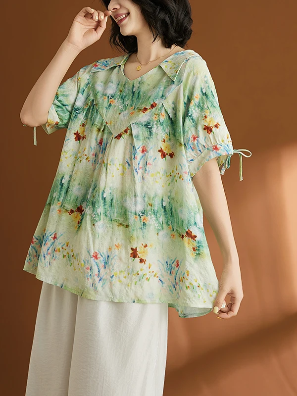 plus Size Women's Cotton Linen Doll Shirt Small Audience Design Summer Thin Short Sleeve Deformable Easy Wear Female Top