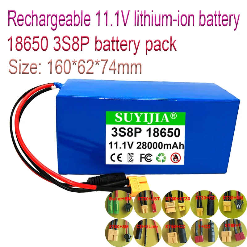 

Литий-ионный перезаряжаемый аккумулятор 11.1В 3S8P 18650 с BMS, сверхбольшая емкость 28000 мАч, DC DC/XT30/XT60/T/2Line/SM/Bullet/JST