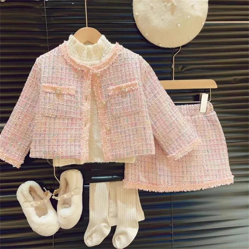 

Girls Sweet 2pcs Set Autumn Winter Children Baby Infants Kids Fashionable Thickening Jacket+Short Skirt Suit Party Birthday