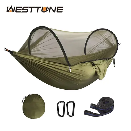 WESTTUNE Hamaca de camping 3 en 1 con malla antimosquitos Hamaca de nailon de apertura rápida automática Hamaca antimosquitos para exteriores