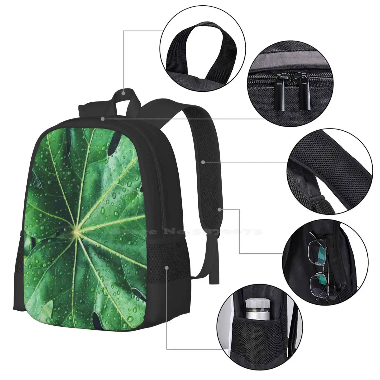 Rainy Day Leaf Pattern Design Bag Student'S Backpack Plant Nature Leaf Green Rain Water Droplets Tropical