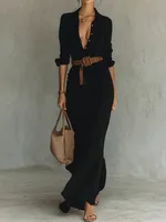 UOOZEE Women's Minimalist Solid Color Belted Lapel Shirts Dress Long Sleeves Split-Joint High Waisted Casual Office Maxi Dresses - Image 3