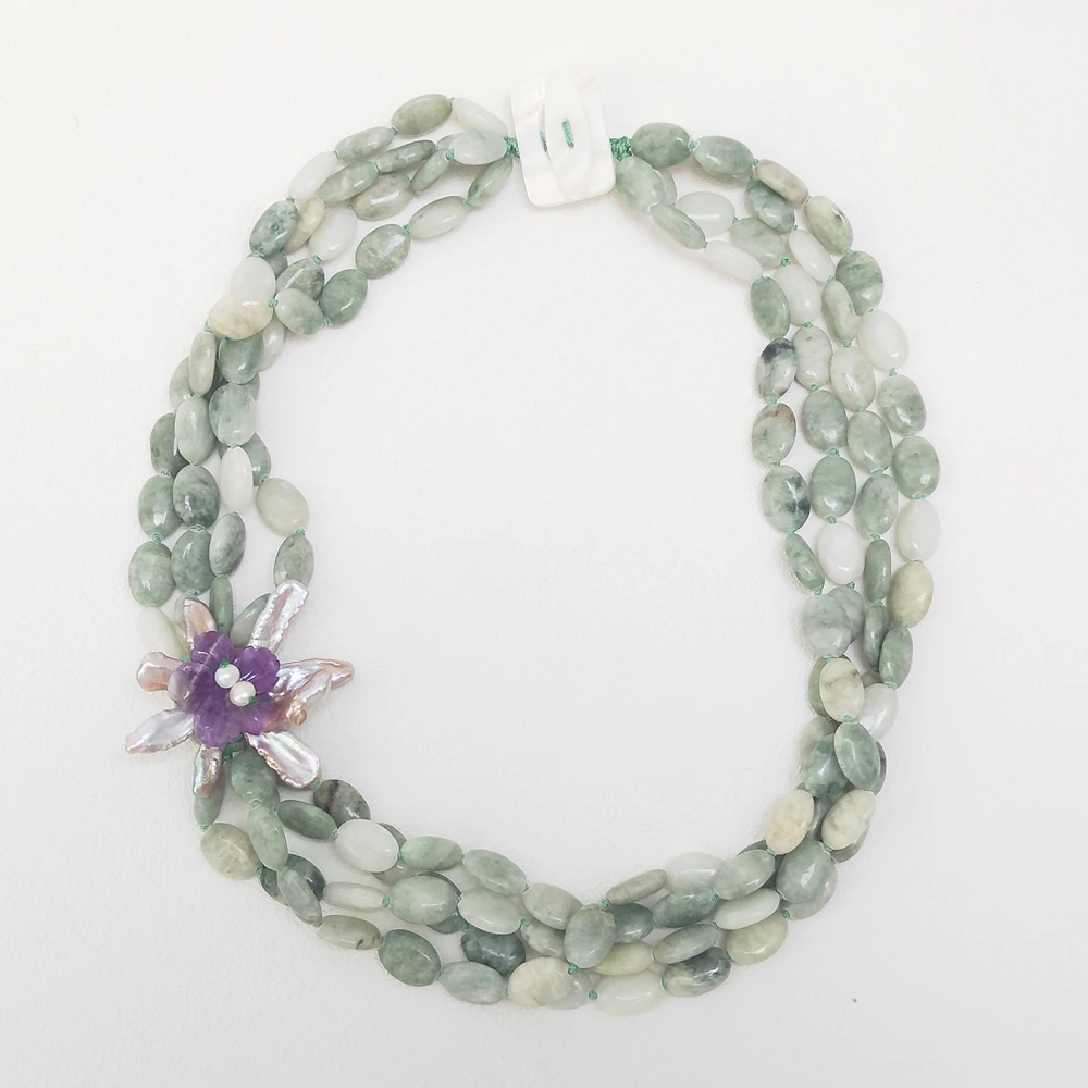 

Lii Ji женское массивное ожерелье из зеленого нефрита с жемчугом Кеши и цветами аметиста 54 см, ювелирный аксессуар