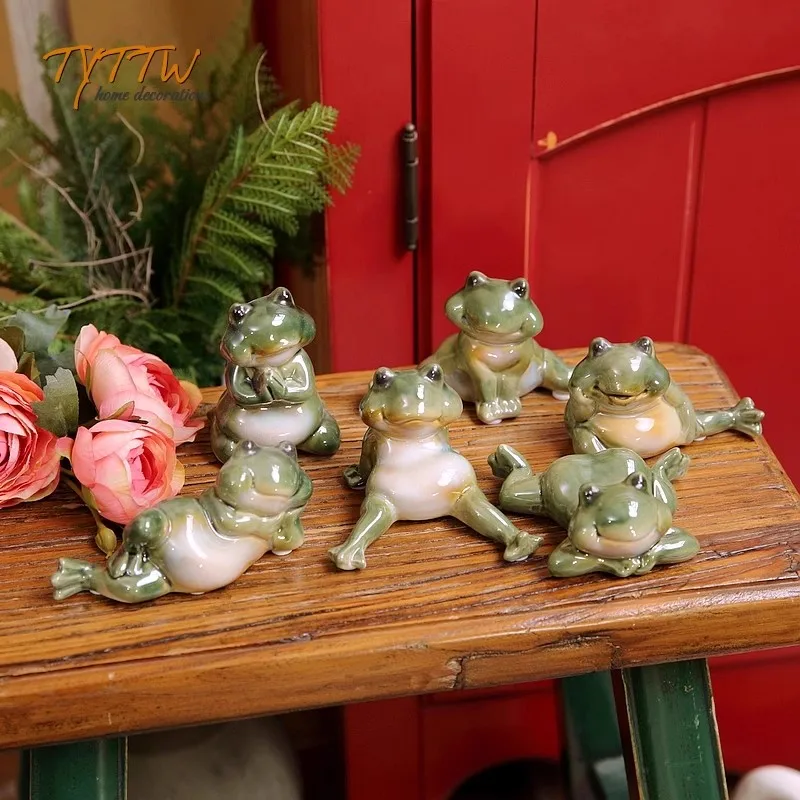 1Set/6Pcs Ceramic Cute Yoga Frogs Decorations Desktop Fish Pond  Garden Courtyard Pond Aquascape Gym Simulation Animal Ornaments