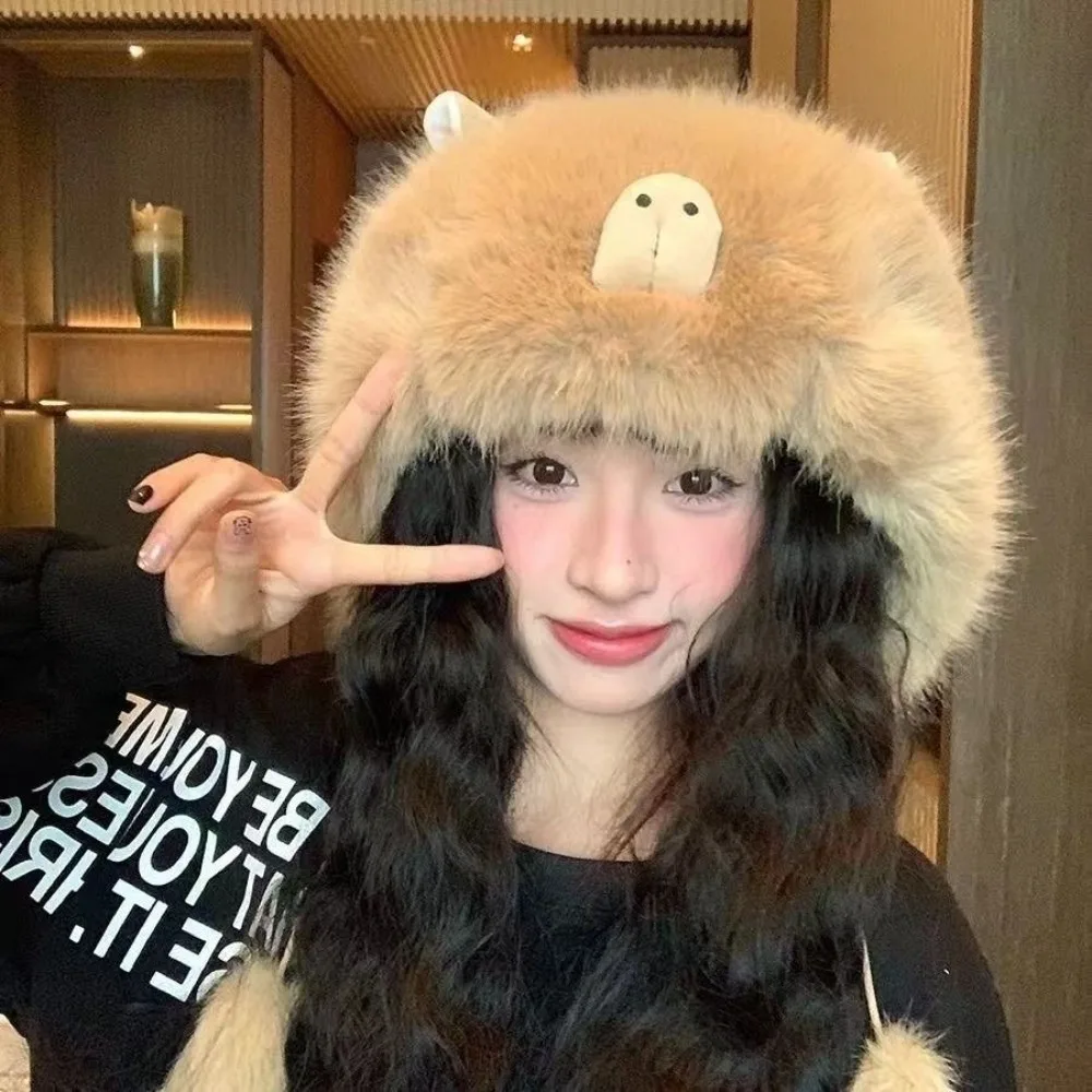 

New Plush Warm Hat Fluffy Fur Windproof Ear Protection Hat Warm Coldproof Pullover Cap Outdoor Sports
