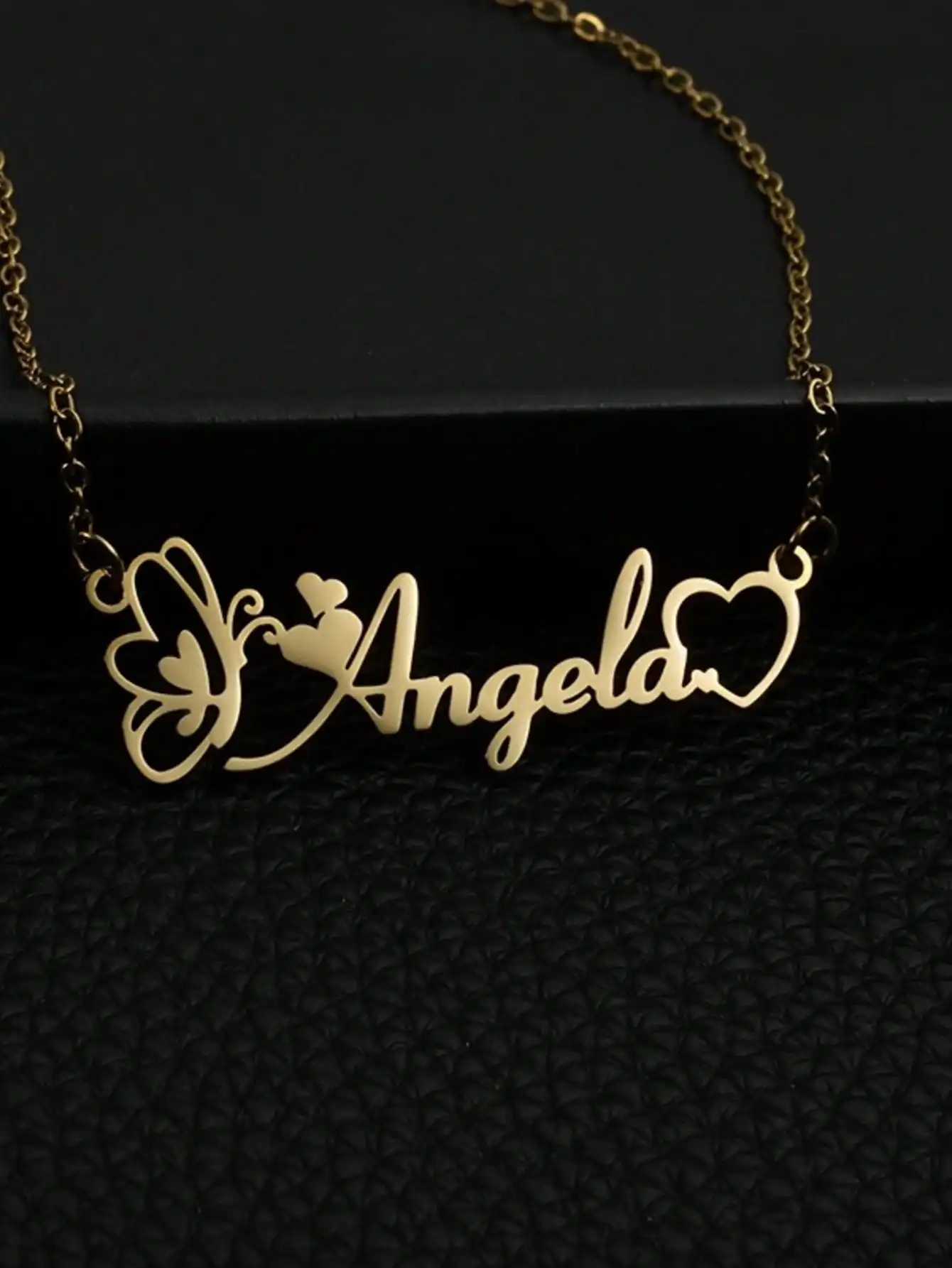 1 Px Custom Name Necklace, Heart Shape Butterfly Pendant Stainless Steel Engraving, Women's Exclusive-Gold or Silver