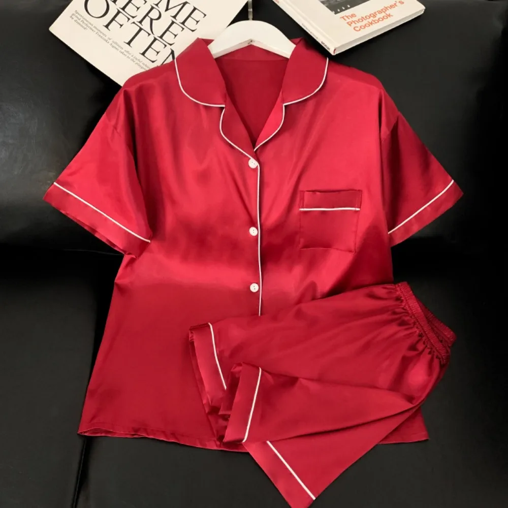 Pajamas Sets for Women\'s Summer Ice Silk Satin Pyjamas Smooth High Grade Red Short Sleeve Shorts Sweet Home Set Pijama Mujer