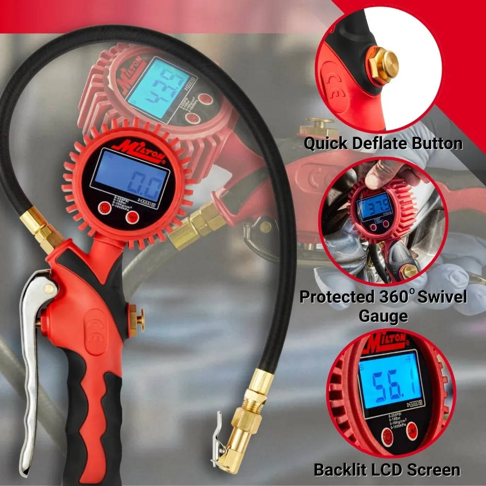 

Heavy-Duty Digital Tire Pressure Gauge with Inflator, Clip-on Air Chuck, 20” Air Hose, Easy to Read 0.1 Display