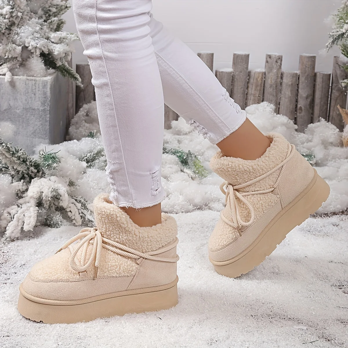 أحذية الكاحل للسيدات، 2025 أحذية شتوية ترفيهية جديدة قصيرة من الصوف بنعل سميك