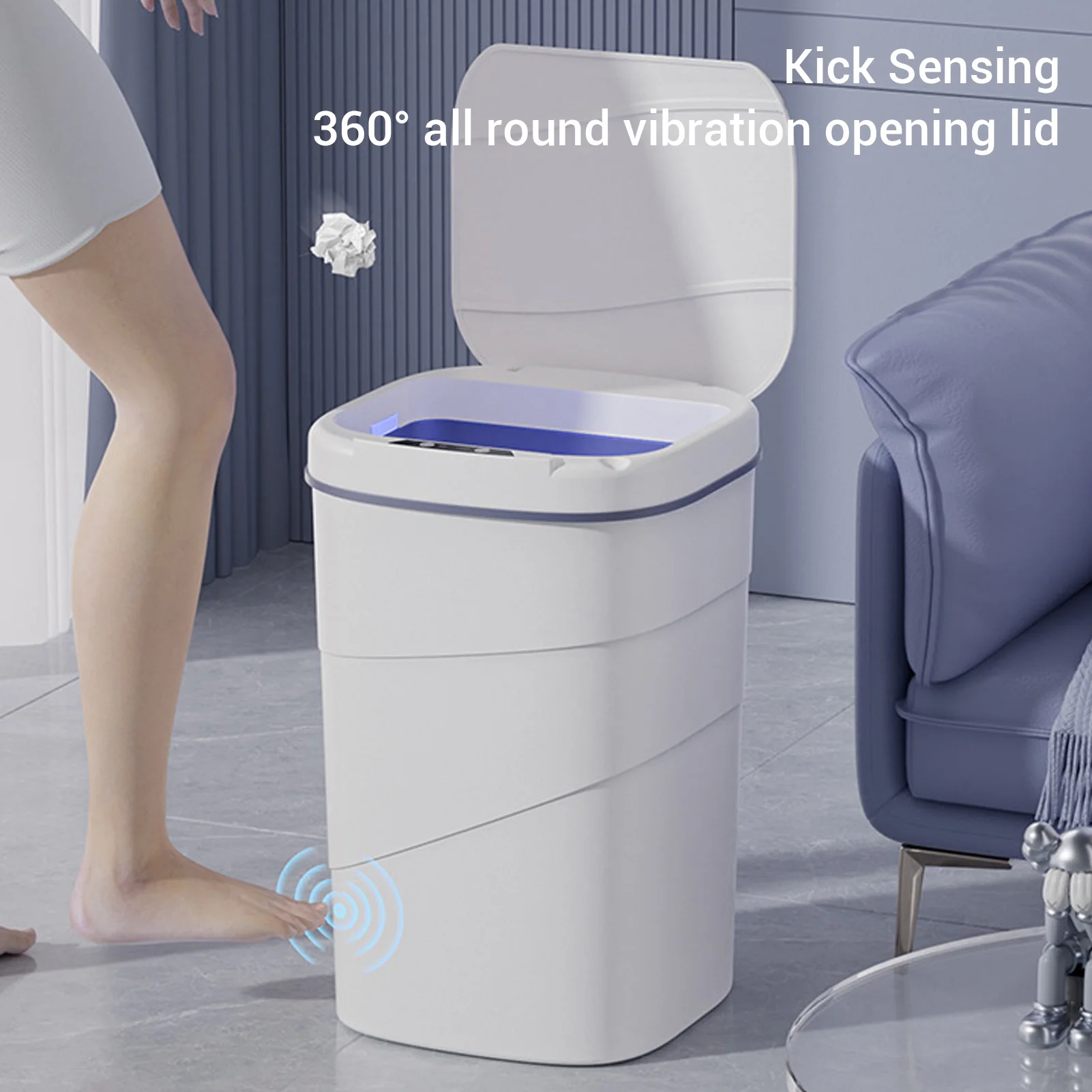 

Motion Sensor Trash Can 18L Automatic Touchless Garbage Bin with Blue Luminous Press Ring for Bathroom Kitchen Living Room