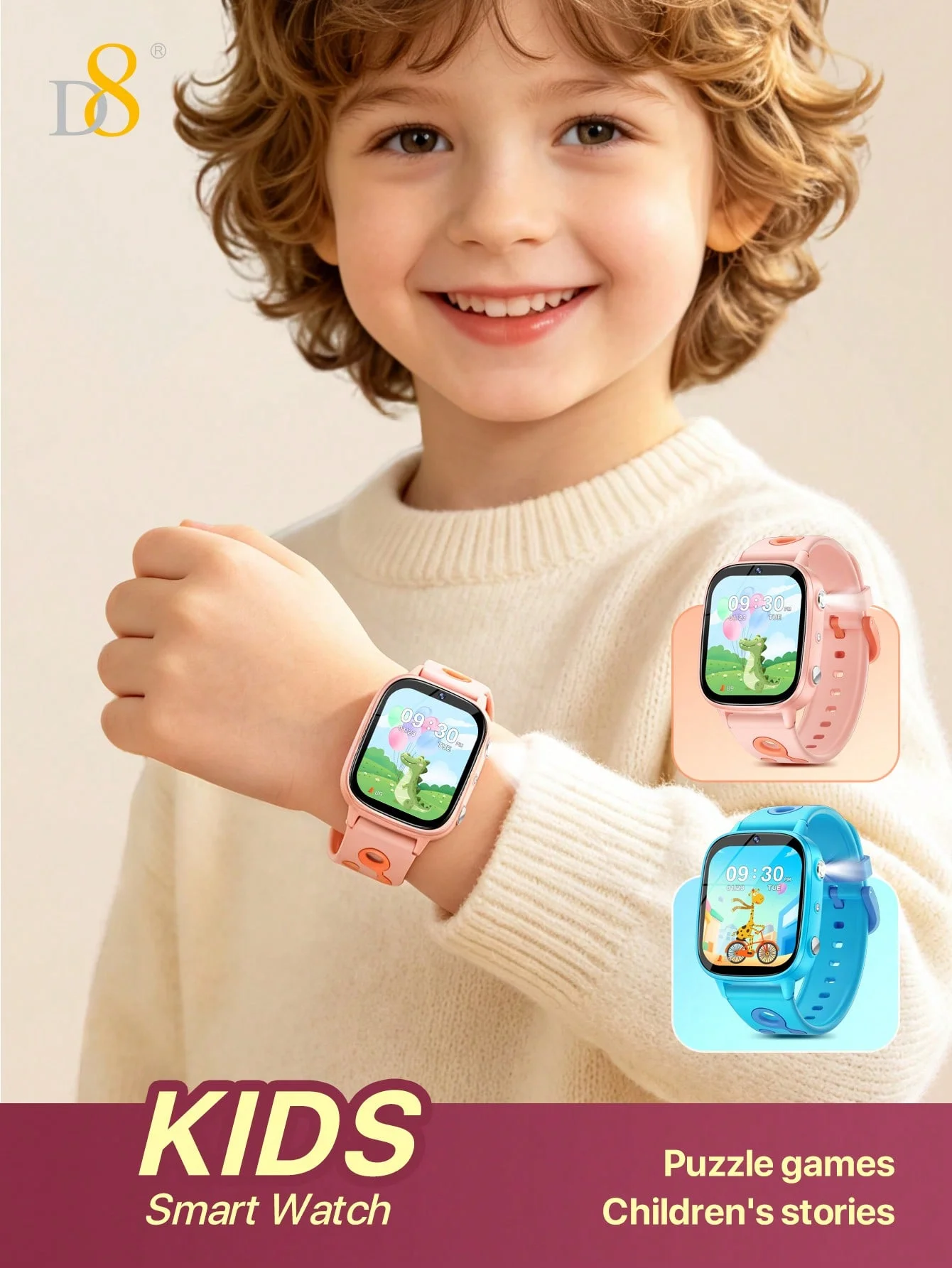 D8 2026 New Kids Smart Watch, HD Touch Screen, Camera & Video Recording, Puzzle Games, Children's Stories, LED Flashlight, Ultra